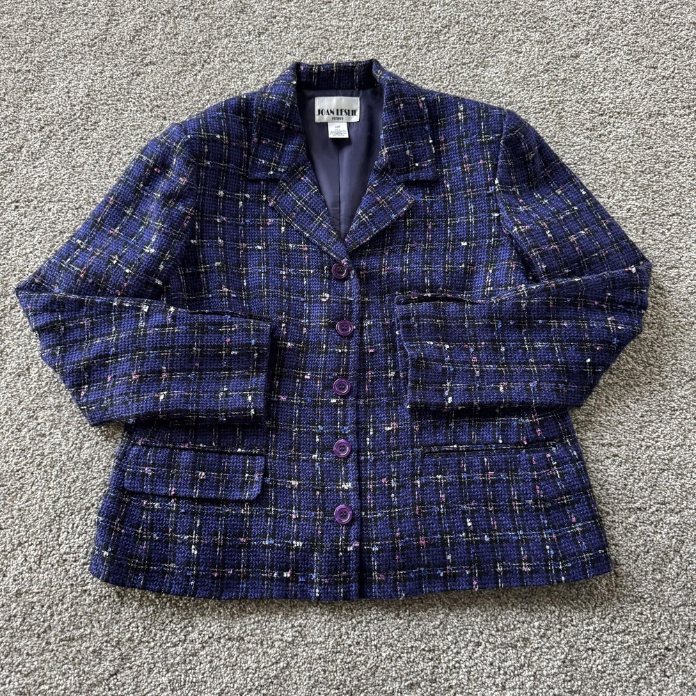 Joan Leslie Blazer Jacket Womens 14P Blue Plaid Tweed Lined Petite Career Office